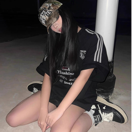 Tシャツ レディース ライン ロゴ ビッグシルエット T 韓国 ファッション スポーティー ストリート