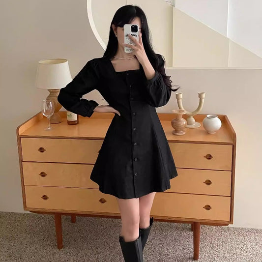 デニム ミニワンピース レディース 韓国 ファッション 前ボタン フレア Aライン 長袖 パフショルダ