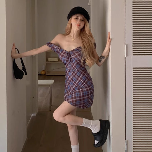 チェック キャミ ワンピース レディース 韓国 ファッション オフショルダー Vネック デコルテ マルチカラー チェック ミニワンピース