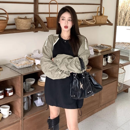 ナイロン 切替 ライン トレーナー レディース 韓国 ファッション ラグランスリーブ バイカラー ボリューム袖 スポーツミックス トップス