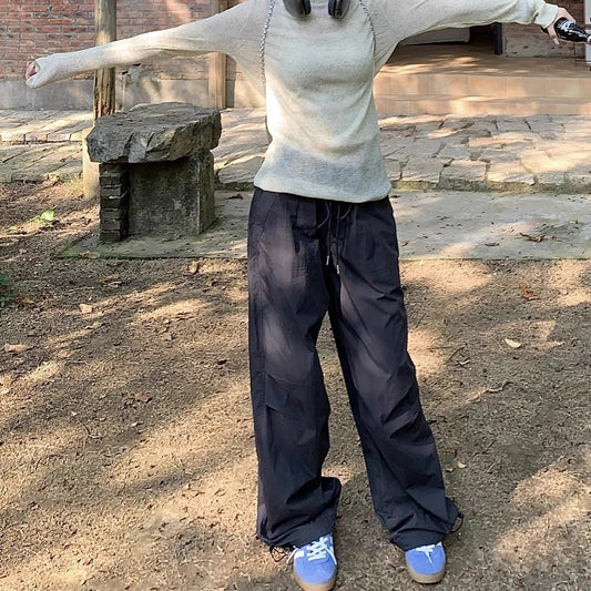 パラシュートパンツ シャカパン レディース 韓国 トレンド ナイロン ワイドパンツ ドローストリングス 裾コード付き