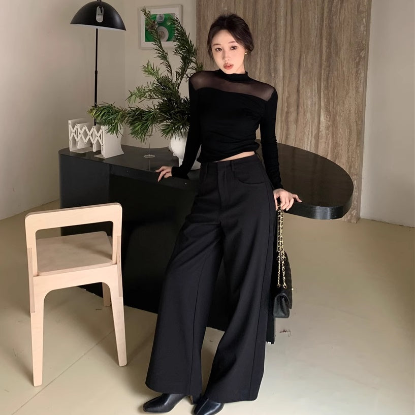 シースルーカットソー レディース 韓国 ファッション 黒トップス ハイネック スリムタイト 長袖 ブラック モックネック