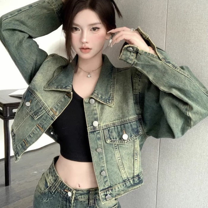 デニム セットアップ レディース 韓国 ファッション ヴィンテージ ダメージ加工 デニム オン デニム 上下セット