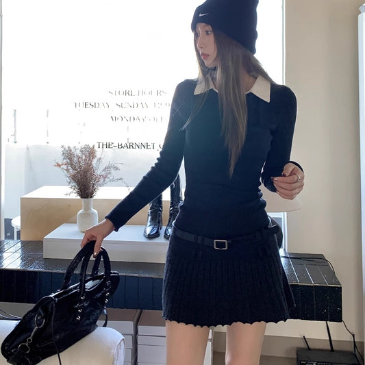 ニット ミニワンピース レディース 韓国 ファッション ベルト付 レイヤード 襟付き フレア ミニワンピ