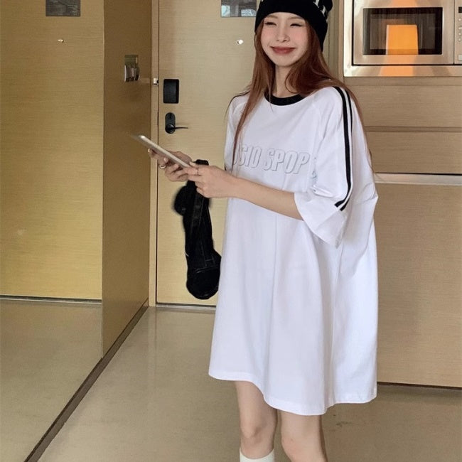 グラフィック ライン リンガーTシャツ レディース 韓国 ファッション モノトーン 白Tシャツ ロング丈 オーバーサイズ ビッグT