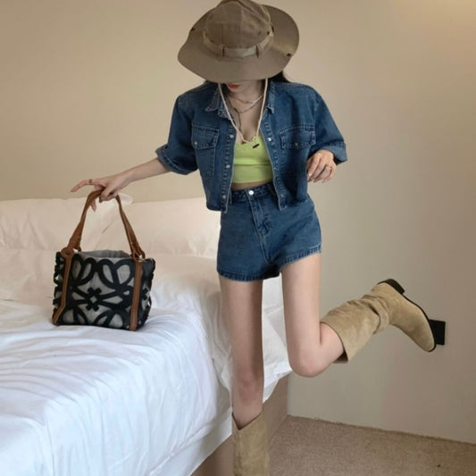デニム セットアップ レディース 韓国 夏 半袖 デニムジャケット デニムショートパンツ 上下セット