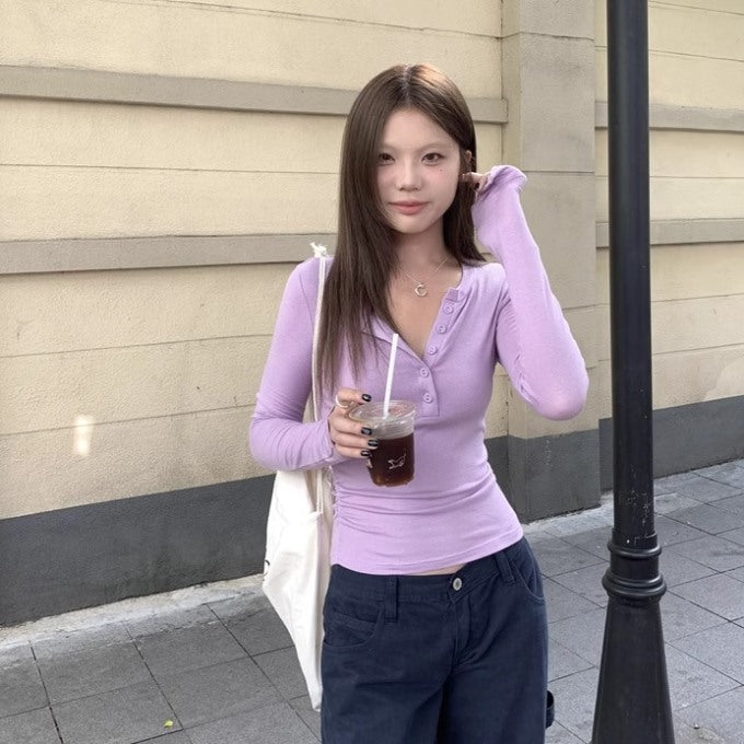 タイト リブカットソー ハーフボタン 長袖 レディース 韓国 ファッション ロンT タイトフィット トップス