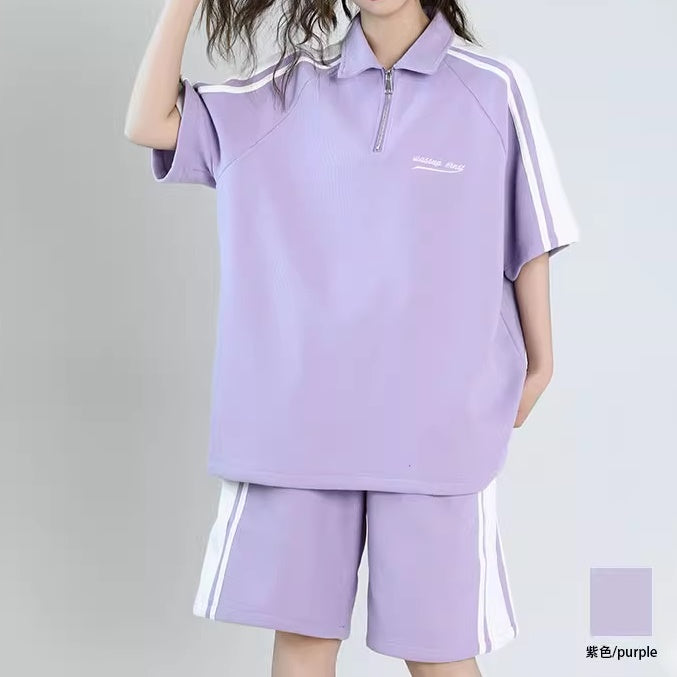 ジャージ セットアップ レディース 半袖 トップス ハーフパンツ 上下セット 韓国 ファッション ポロシャツ スキッパー ハーフジップ ショートパンツ サイドライン ワンポイントロゴ ストリート カジュアル