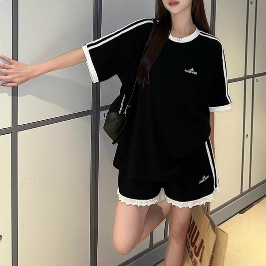 セットアップ レディース ライン フリル ハーフパンツ リンガー Tシャツ 上下セット 韓国 ファッション スポーティー セット