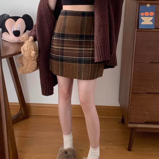 チェック ミニスカート 冬 レディース 韓国 ファッション 起毛素材 ミニマム タイト ミニスカ