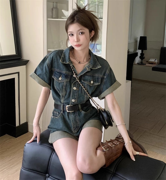 デニム オーバーオール レディース 韓国 ファッション 夏 ウエストベルト 半袖 ハーフパンツ インディゴ デニム オーバーオール