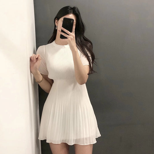 プリーツ ミニワンピース 夏 半袖 ボトルネック シアー 切替 ワンピース