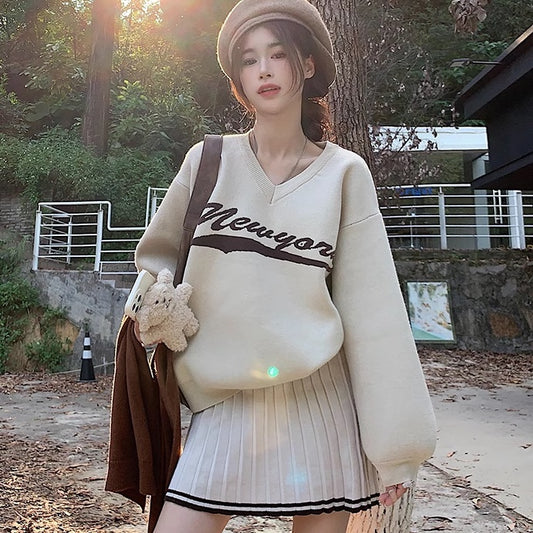 Vネック オーバーサイズ ニット レディース 韓国 ロゴプリント 冬 ニットトップス プレッピー かわいい