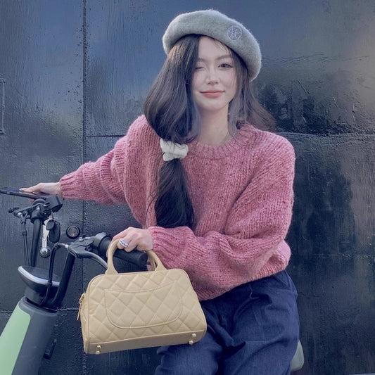 ピンク セーター レディース 韓国 ファッション 冬 ニット トップス バーブル ピンク ミックス ビッグシルエット