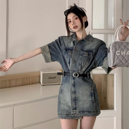 デニム オーバーオール レディース ミニワンピ 韓国 デニム シャツ ワンピース 夏 半袖 レトロ かわいい ダメージ加工
