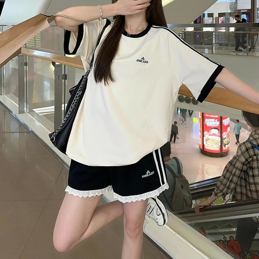 セットアップ レディース Tシャツ ハーフパンツ 上下セット 韓国 ファッション ロゴ オーバーサイズ ラインTシャツ ライン ショートパンツ 上下セット