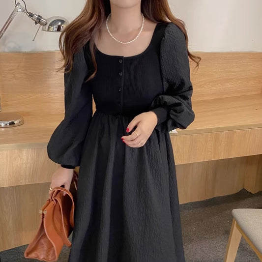 秋冬 ロングワンピース 韓国 ファッション お呼ばれ 異素材 ドッキング 黒ワンピ フレア ワンピ