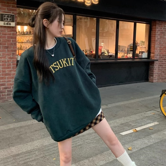 ロゴ スウェット トレーナー レディース 韓国 ファッション ロゴ ビッグシルエット プレッピー カレッジ オーバーサイズ グリーン スウェットシャツ