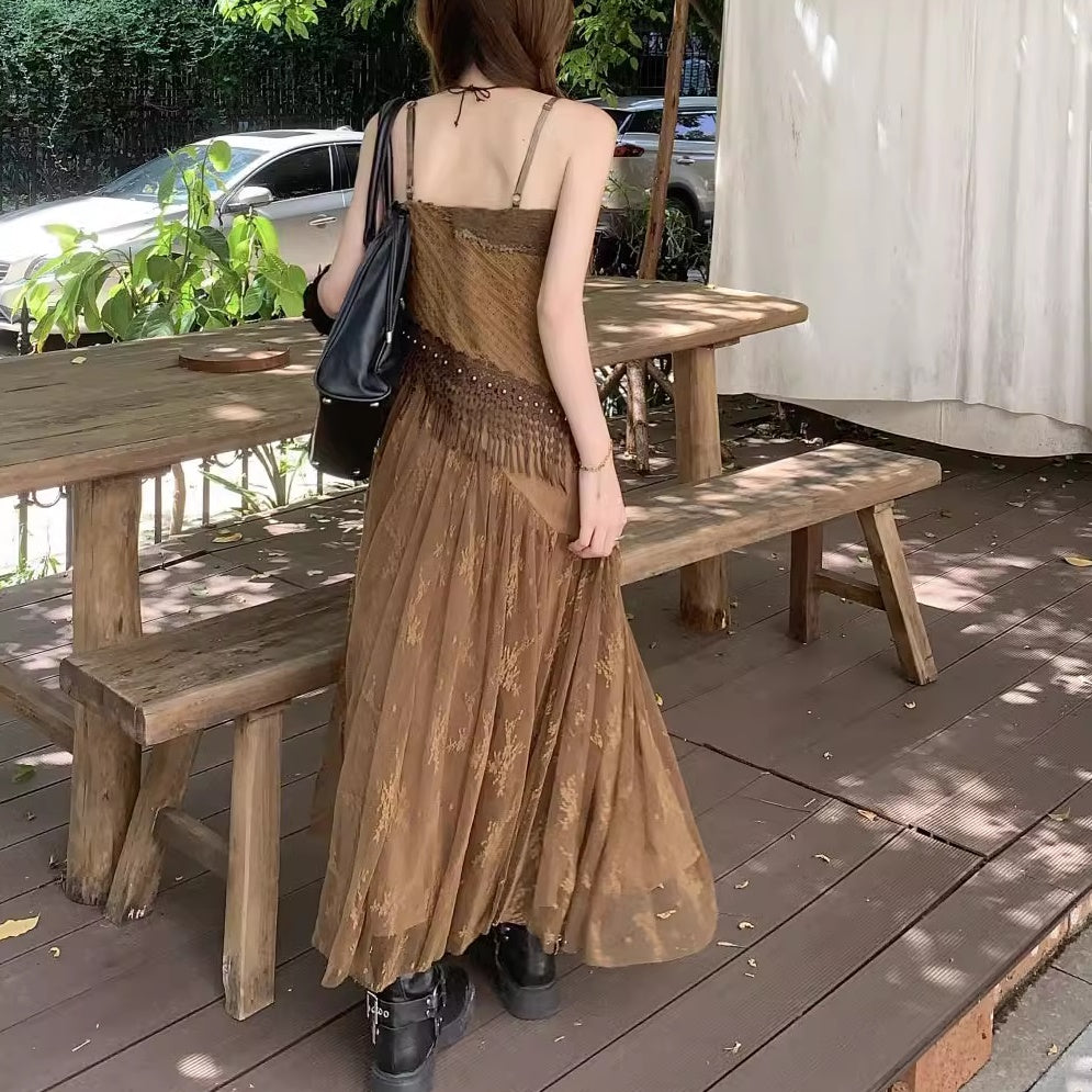 ワンピース ボヘミアン ノースリーブ 切替 異素材 ロングワンピ 韓国 ファッション キャミワンピ フリンジ Aライン フレア 夏 ワンピース