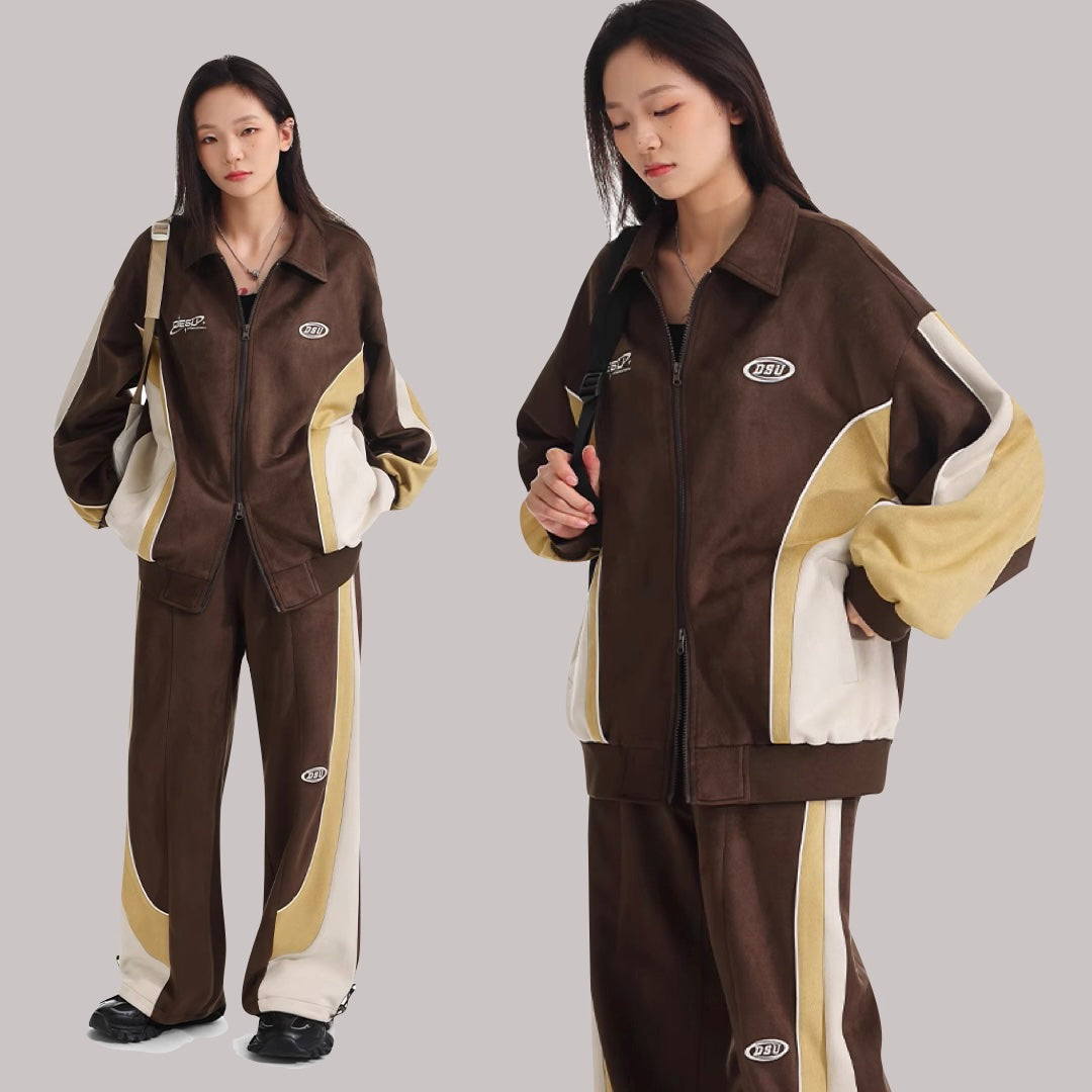冬 ジャージ セットアップ レディース スウェード調 上下セット 韓国 ファッション バイカラー スリム効果 ストリート スポーティ ストリート トラックジャケット ワイドパンツ 上下セット