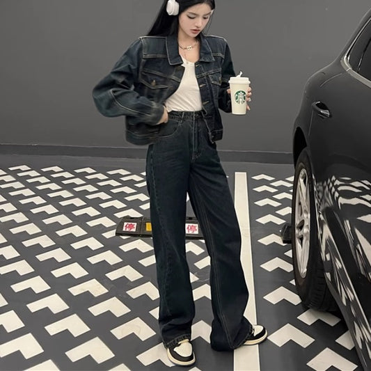 デニム セットアップ レディース 韓国 ファッション ベーシック レギュラーフィット デニムジャケット & パンツ 上下セット