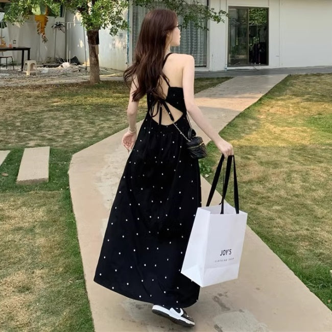 ドット キャミ ロングワンピース 韓国 ファッション バックホール 背中見せ Aラインフレア サマーワンピ 夏
