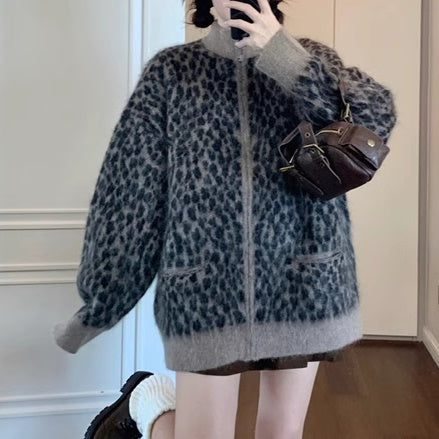 ヒョウ柄 モヘア調 カーディガン レオパード レディース 韓国 ファッション ヒョウ柄 ジップアップ ニットアウター アニマル スタンドネック 柄ニット