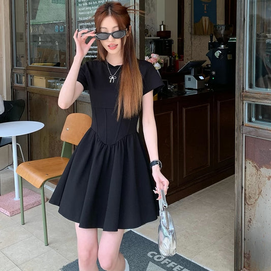 フレア ミニワンピース レディース 韓国 ファッション ストレッチ タイト 半袖 ミニワンピ 黒シンプル
