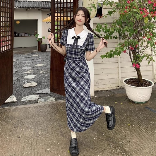 ワンピース レディース 韓国 ファッション チェック ブラウス ボウタイ 切り替え カレッジ ワンピ