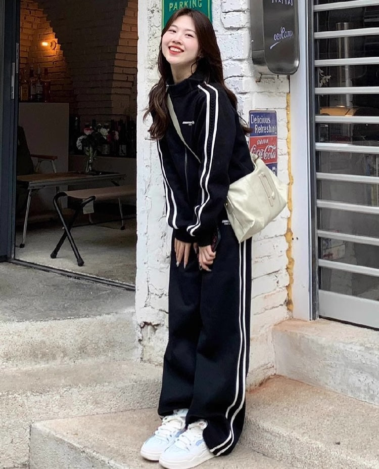 スウェット ライン セットアップ レディース ジャージ 上下セット 韓国 ファッション スポーツ ミックス ストリート オーバーサイズ スウェットジャージ