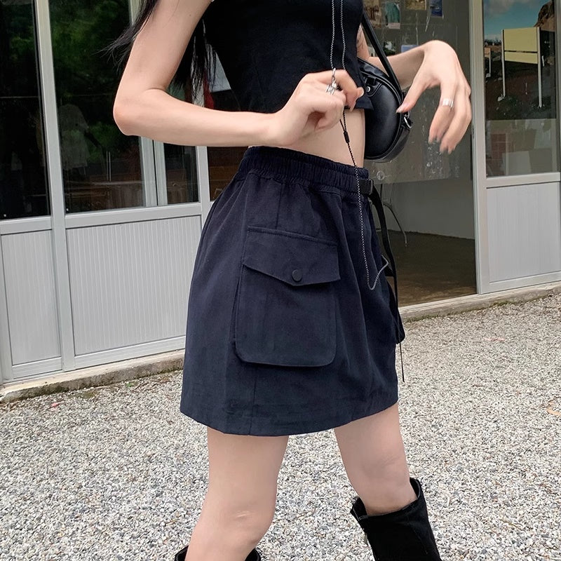 カーゴスカート ミニ レディース 韓国 ファッション サイドポケット カーゴミニ スカート ミリタリー ウエストゴム