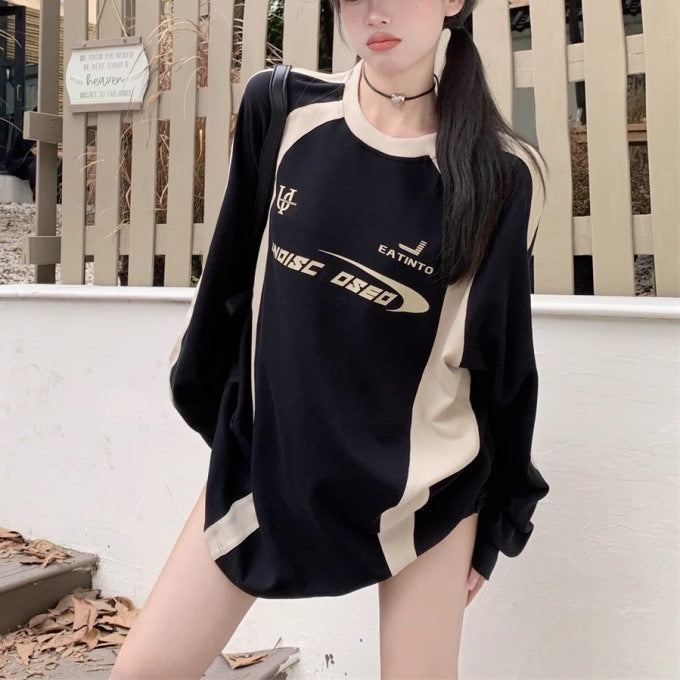 ロゴ トレーナー レディース 韓国 ニュートロ スポーツ ライン スウェット バイカラー ビッグシルエット 秋冬 トップス