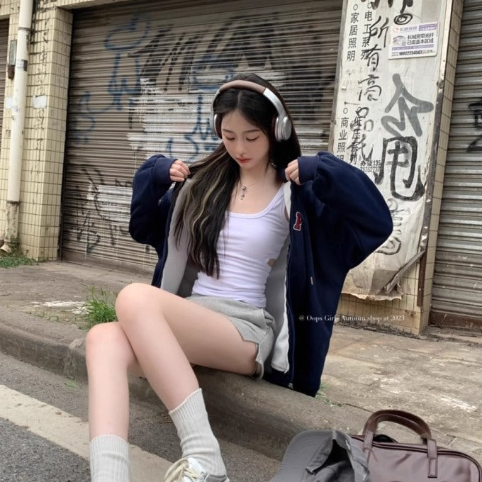 ロゴ パーカー レディース ジップアップ 韓国 ファッション アメカジ ロゴ ネイビー スウェット パーカー 秋冬