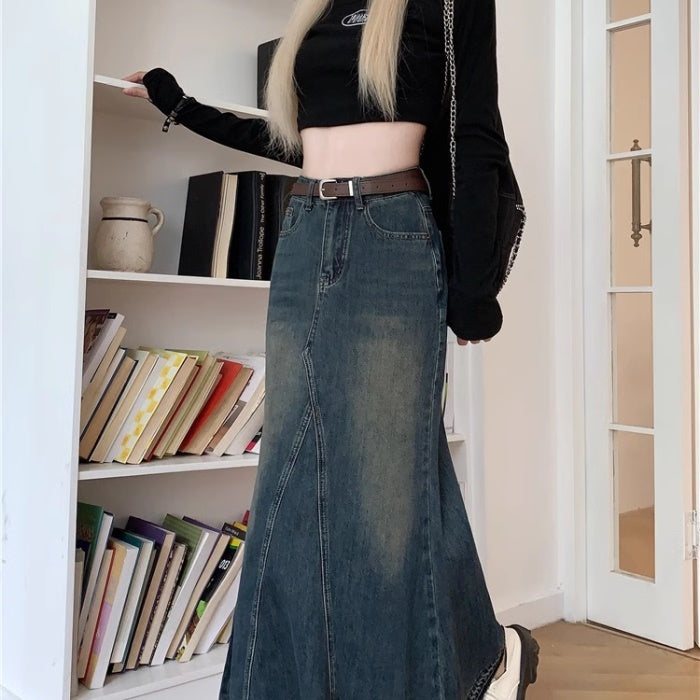 デニム マーメイド ロングスカート 韓国 ファッション レディース フレア ヴィンテージ加工 デニムスカート