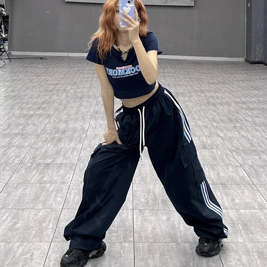 ライン ジャージ カーゴパンツ レディース 韓国 ファッション サイドライン ワイドパンツ サイドポケット