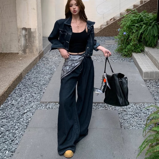 デニム セットアップ レディース 韓国 ファッション クロップ デニムジャケット デニムワイドパンツ インディゴブルー 上下2点セット