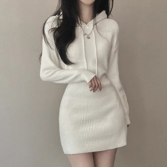 フード ニット ワンピース 韓国 ファッション タイト ストレッチ ニットパーカー ミニワンピ
