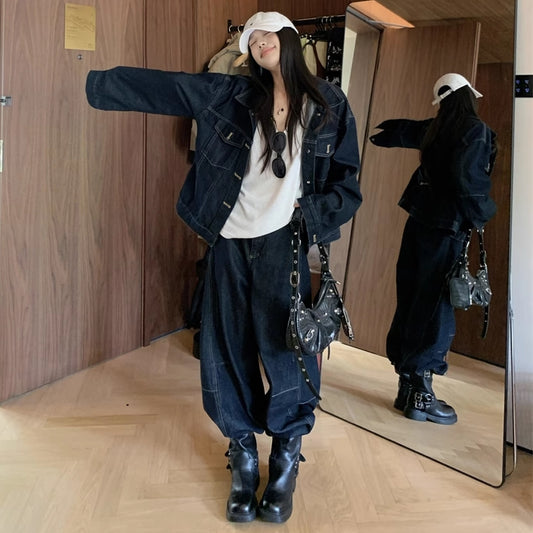 デニム セットアップ レディース 韓国 ファッション オーバーサイズ Gジャン ワイド デニムパンツ インディゴデニム 上下セット