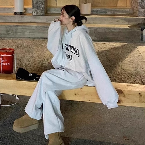 パーカー セットアップ レディース 韓国 ファッション ロゴプリント スウェット 上下セット オーバーサイズ シルエット