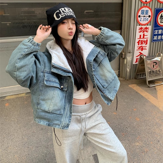 デニム ボア ジャケット レディース 韓国 ファッション 中綿 裏ボア ポケット フード アウター