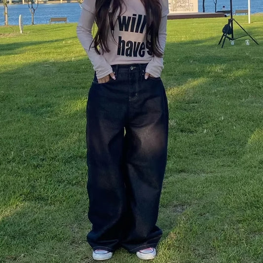 デニムパンツ レディース 韓国 ファッション インディゴ ワイドパンツ ユーズド加工 ストリート