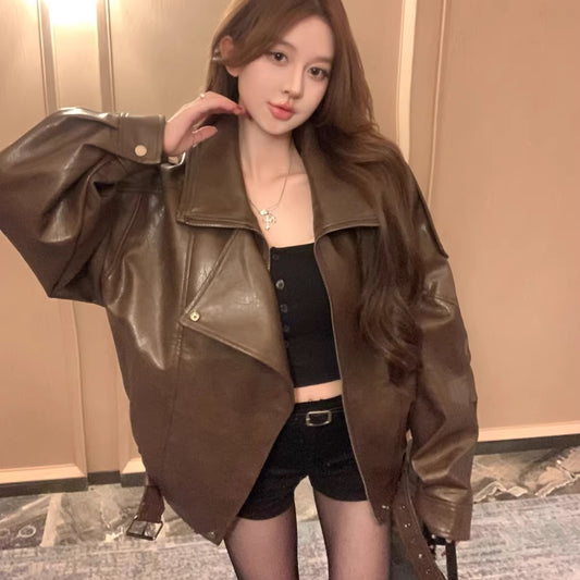 エコレザー ジャケット ライダース レディース 韓国 ファッション フェイクレザー 大人 シック オーバーサイズ アウター レザージャケット