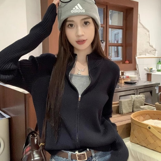 ジップ ニット カーディガン レディース ショート丈 韓国 ファッション ジップアップ セーター 長そで 秋冬 トップス スリムフィット
