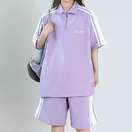 ジャージ セットアップ レディース 半袖 トップス ハーフパンツ 上下セット 韓国 ファッション ポロシャツ スキッパー ハーフジップ ショートパンツ サイドライン ワンポイントロゴ ストリート カジュアル