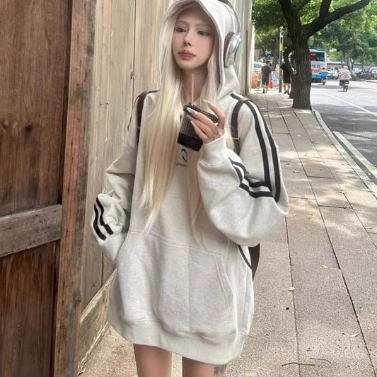 ライン パーカー レディース 韓国 ストリート スポーティー オーバーサイズ プルオーバー スウェット パーカー