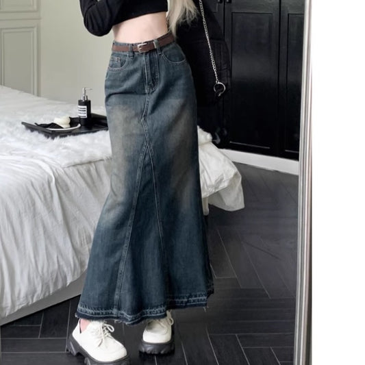 デニム マーメイド ロングスカート 韓国 ファッション レディース フレア ヴィンテージ加工 デニムスカート