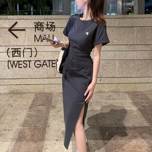 半袖 ロングワンピース レディース 韓国 ファッション 夏 カットソーワンピ スリット ウエスト絞り