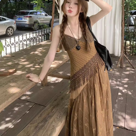 ワンピース ボヘミアン ノースリーブ 切替 異素材 ロングワンピ 韓国 ファッション キャミワンピ フリンジ Aライン フレア 夏 ワンピース