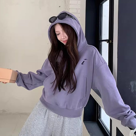 パーカー レディース プルオーバー フーディー スウェット トップス 韓国 ファッション パープル ワンポイント ショート丈