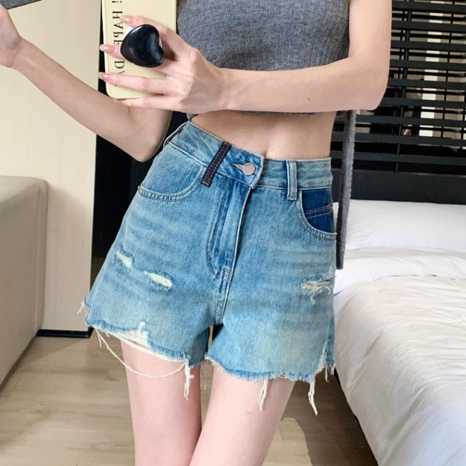 デニム ショートパンツ レディース 韓国 ファッション ロゴパッチ バックポケット ダメージ加工 クラッシュ デニム ショートパンツ